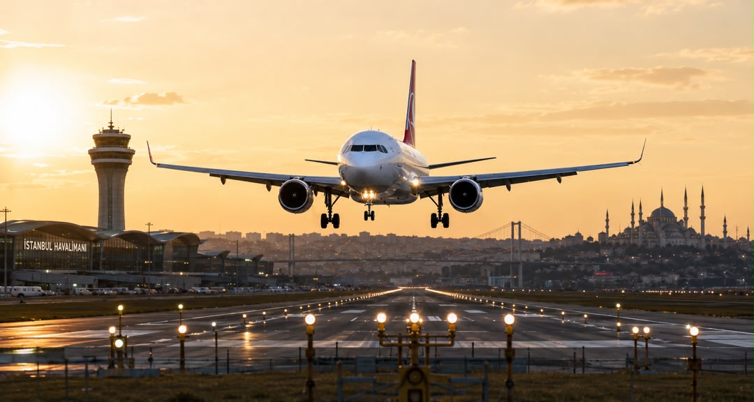 An aircraft on final approach into TURVESSA at sunset