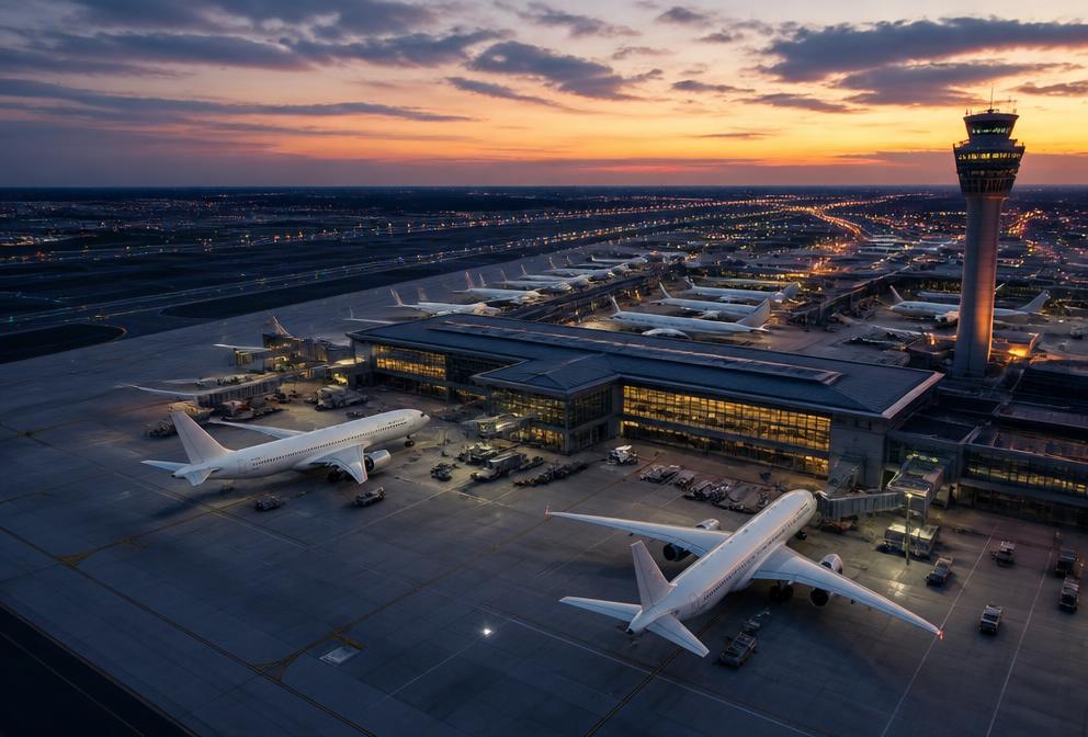 Wide view of the TURVESSA airfield at dusk