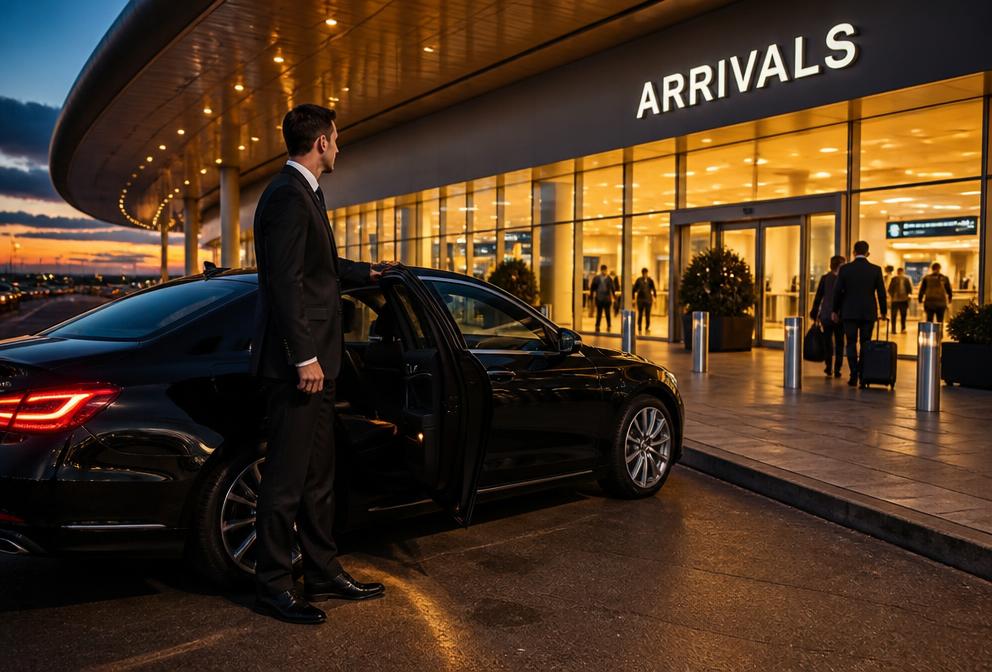 A chauffeur waiting with a car outside the TURVESSA arrivals hall